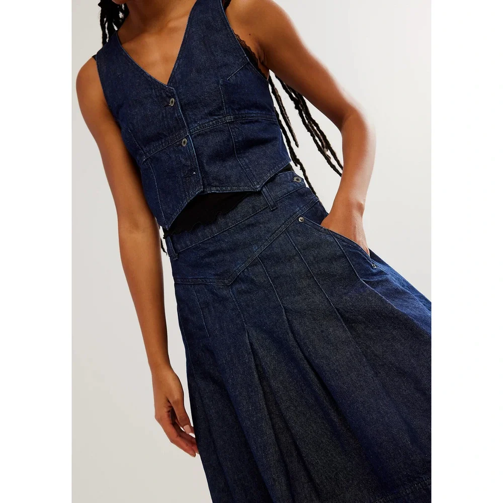 NEW FREE PEOPLE SCOUT DENIM CROPPED VEST TOP SKIRT SET OB1879827 SZ 4